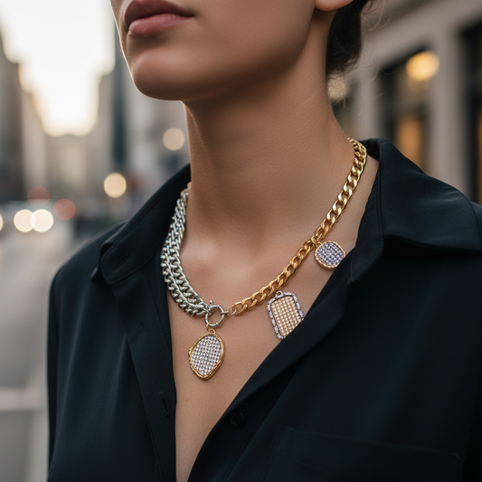 💎🕒 Κολιέ Chain Link με Multi Charms – Χρυσό & Ασημί