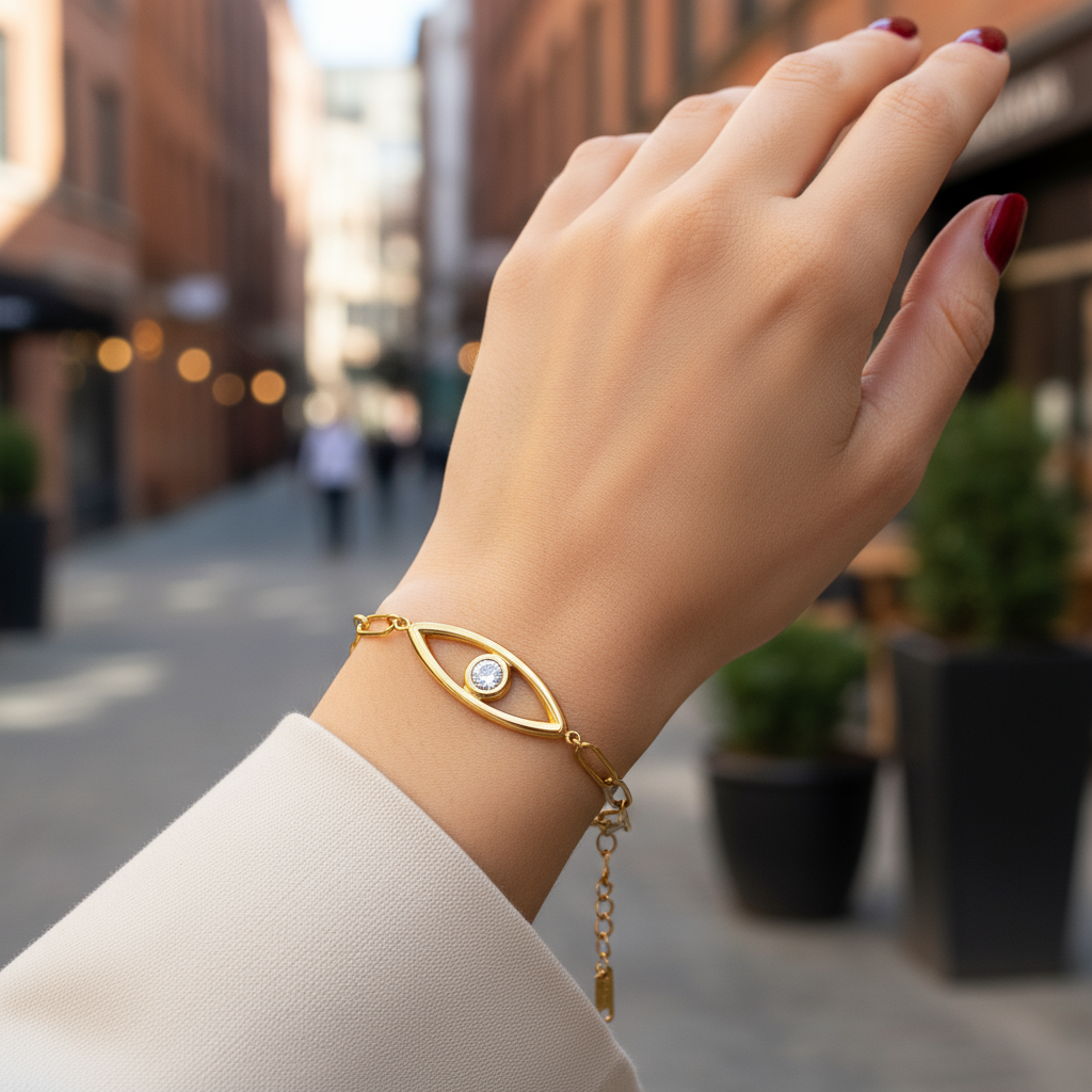 💎🕒 Iris – Ατσάλινο Βραχιόλι με Μάτι & Ζιργκόν