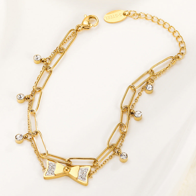 Fashion Zircon Inlaid Bow Pendant 14k Gold Plated Titanium Steel Bracelet