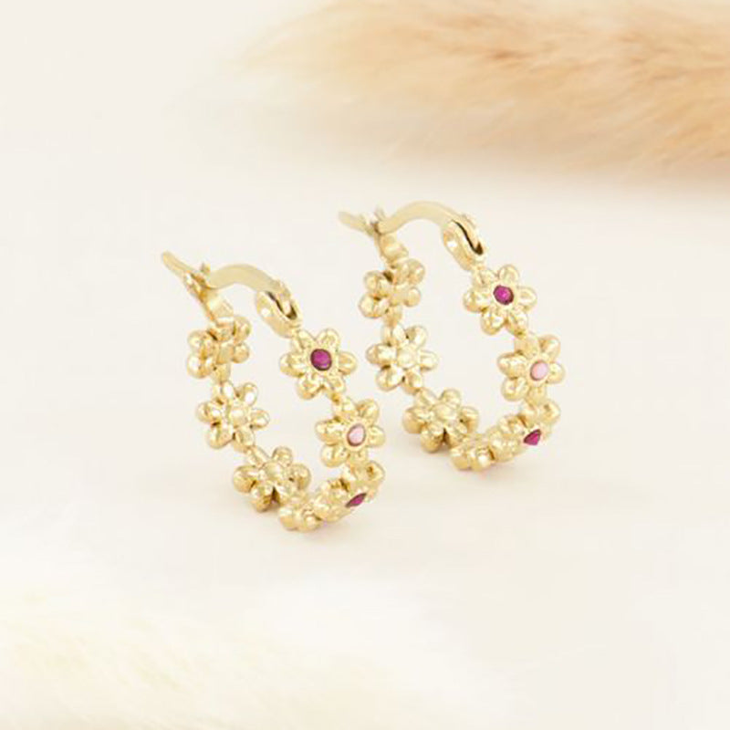 Fashion New Style in Flower motif Copper Hoop Earrings with Inlaid Zircon