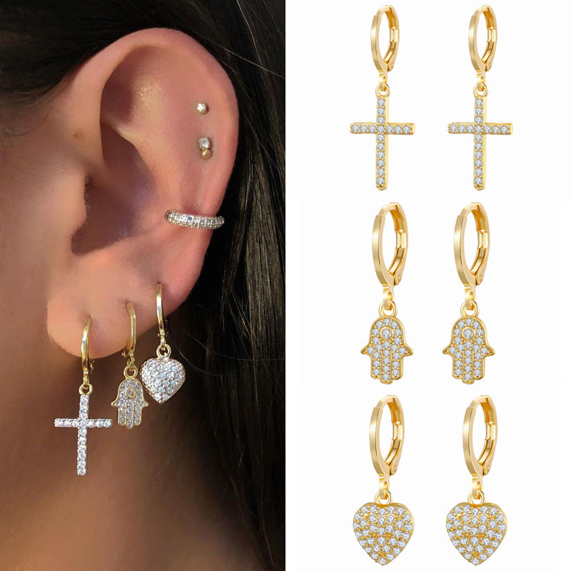 Fashion Copper Pendant Earrings with Inlaid Zircon in 3 different motif of Heart, Cross and Hamsa hand