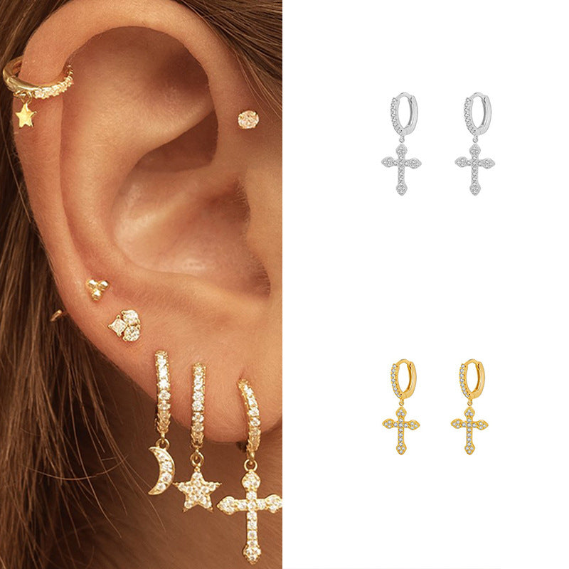New Style Copper Earrings with Cross Pendant and Inlaid Zircon