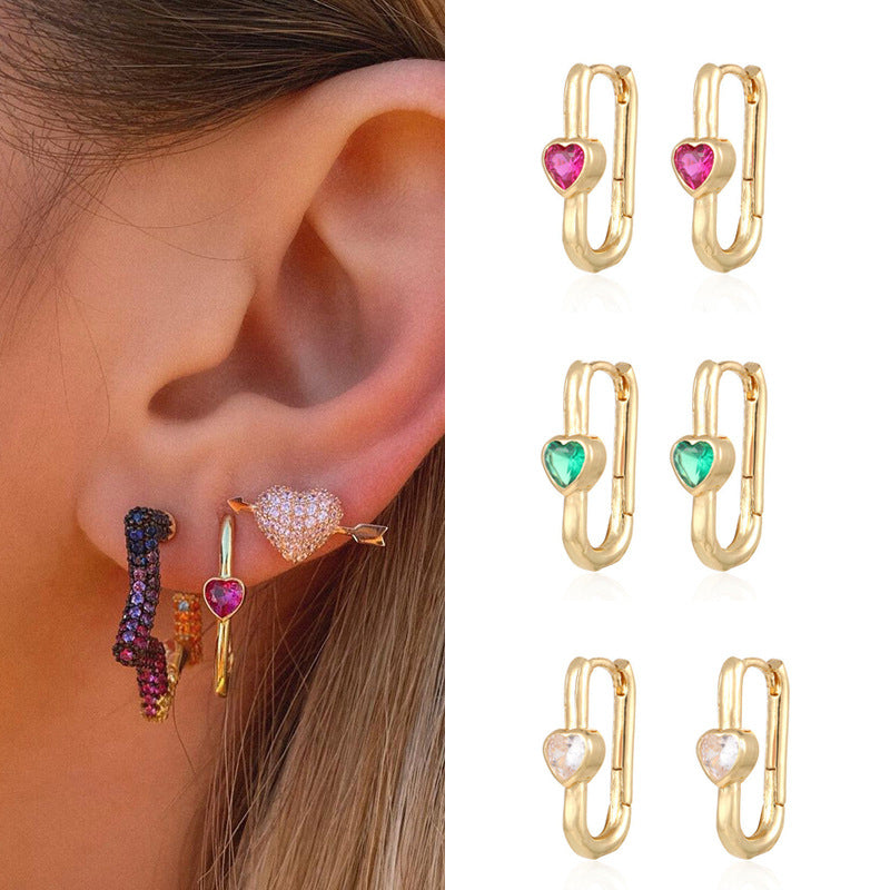 U-Shaped Copper Earrings with Heart-Shaped Zircon