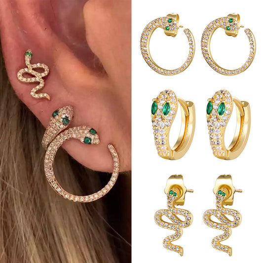 Fashion Copper Snake Shape Earrings with Inlaid Zircon