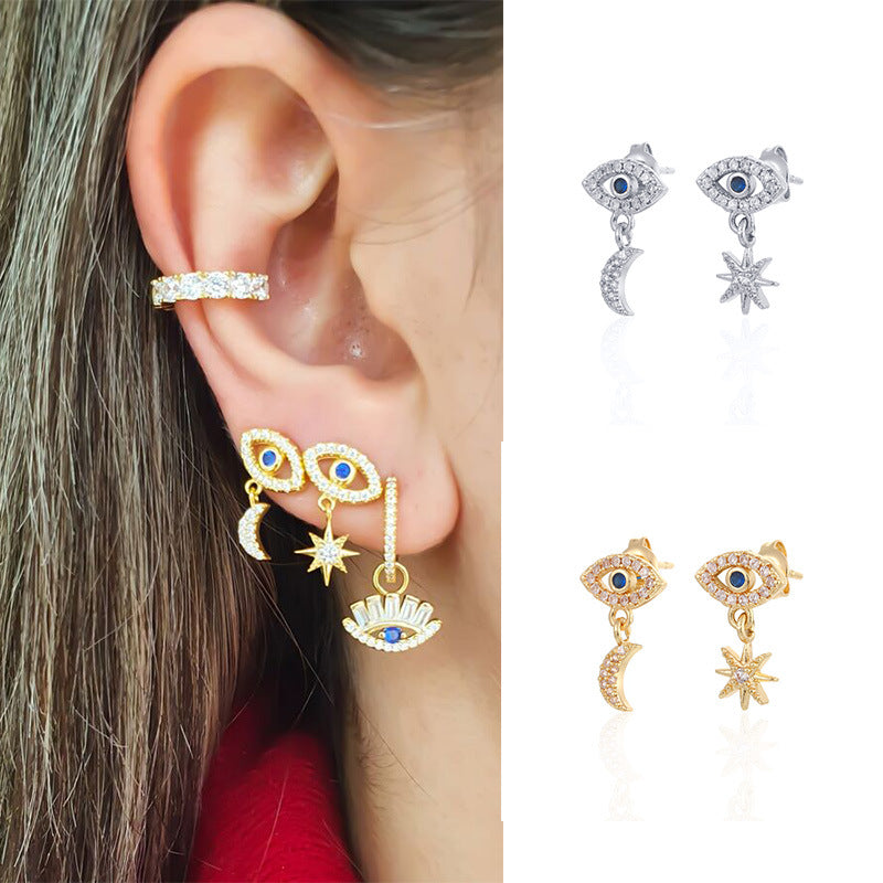 Νέα χάλκινα σκουλαρίκια Μάτι με κρεμαστό Αστέρι ή Φεγγάρι, διακοσμημένα με ζιργκόν