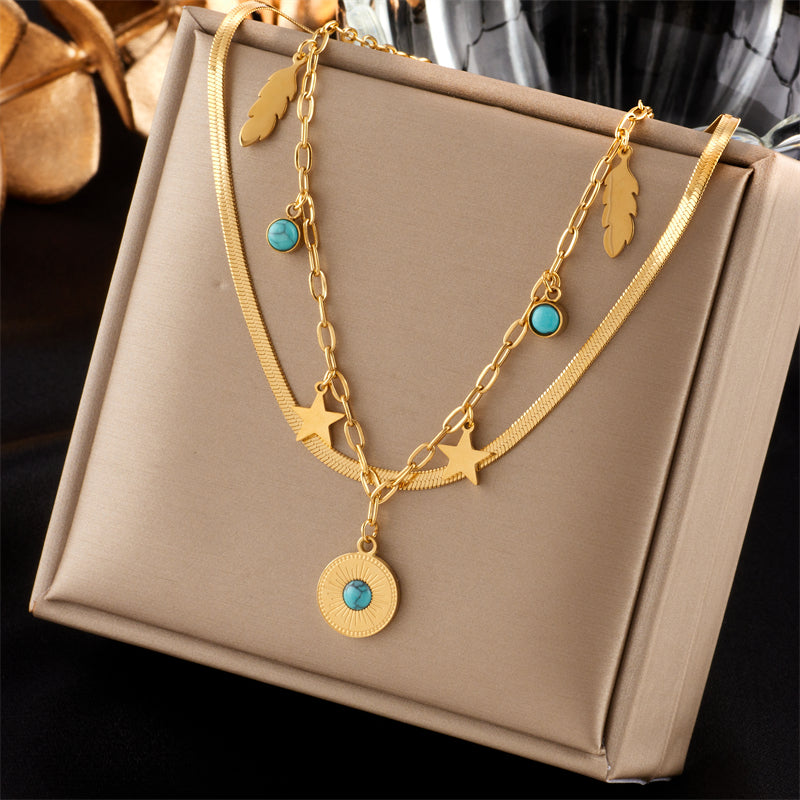 Vintage Style Round Stainless Steel Layered Necklaces Gold Plated Stainless Steel Necklaces