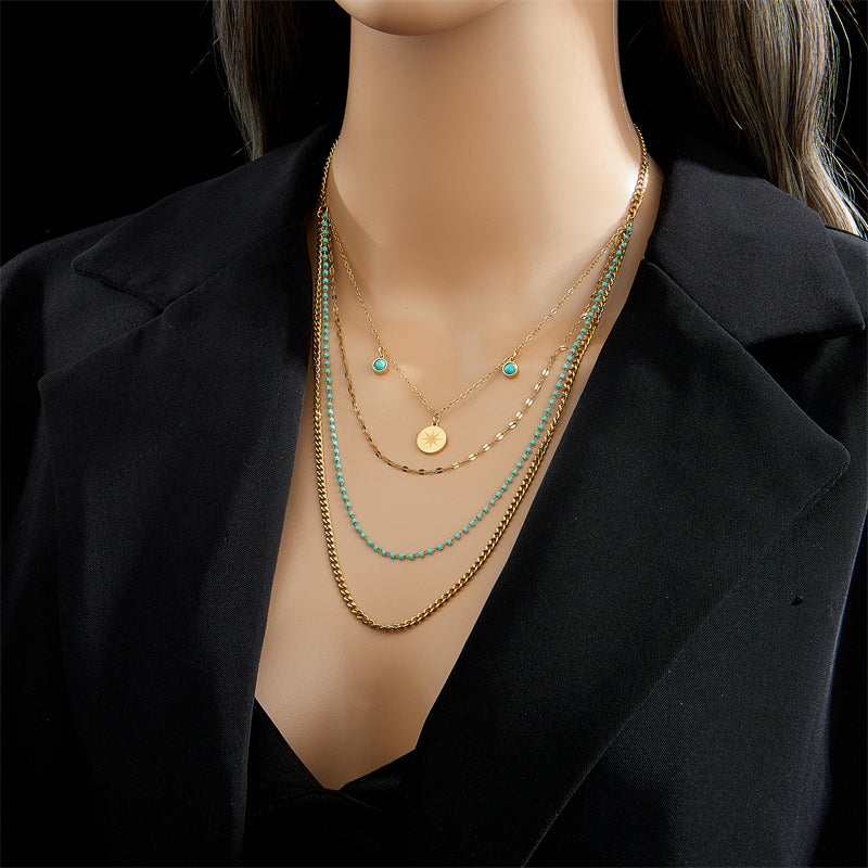Vintage Style Geometric Stainless Steel Gold Plated Turquoise Layered Necklaces