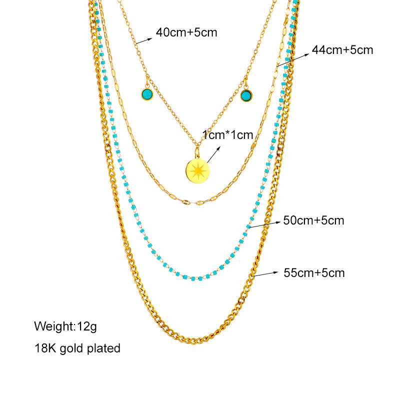 Vintage Style Geometric Stainless Steel Gold Plated Turquoise Layered Necklaces