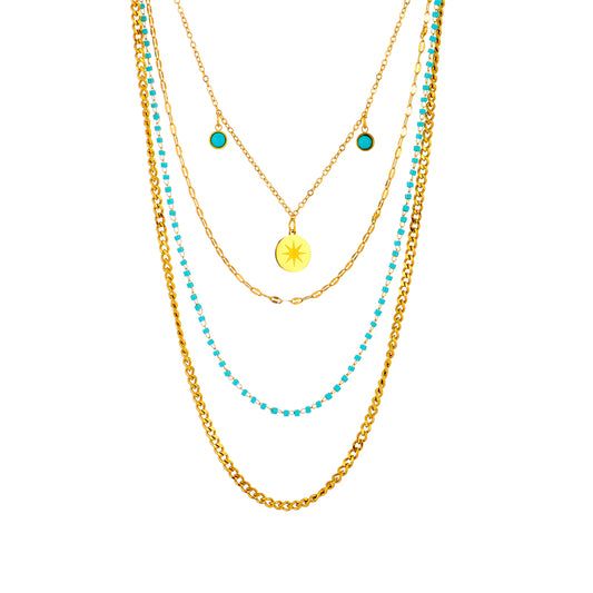 Vintage Style Geometric Stainless Steel Gold Plated Turquoise Layered Necklaces