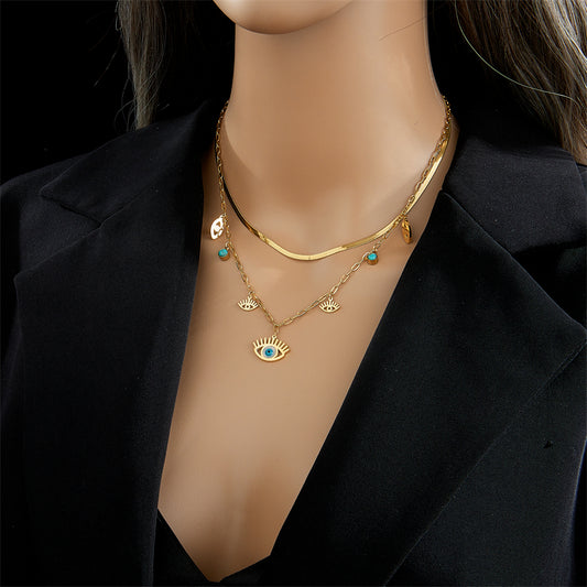 Vintage Style Eye Stainless Steel Layered Necklaces Gold Plated Turquoise Stainless Steel Necklaces