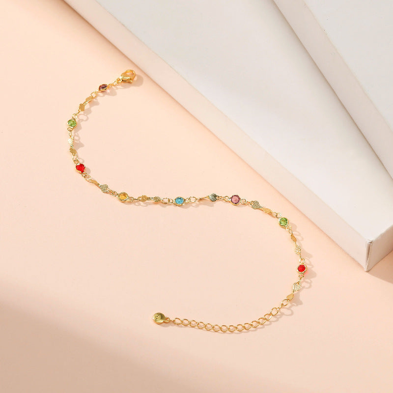 Adjustable Gold-plated Anklet with Colored Zircons