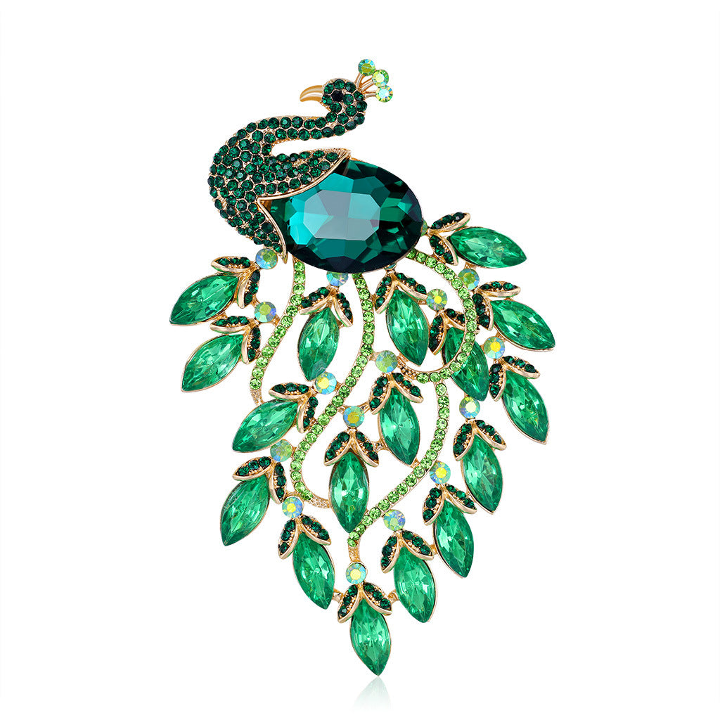 Retro Green Peacock Corsage Alloy Diamond-embedded Animal Pin Danrun Brooch