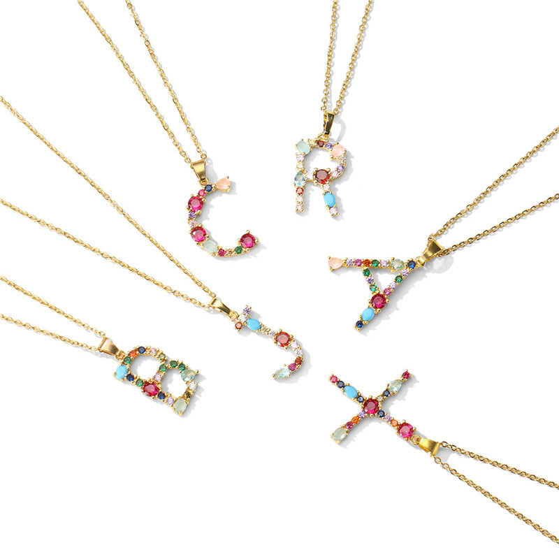 English Letter Necklace New Mixed Colored Gem Inlaid
