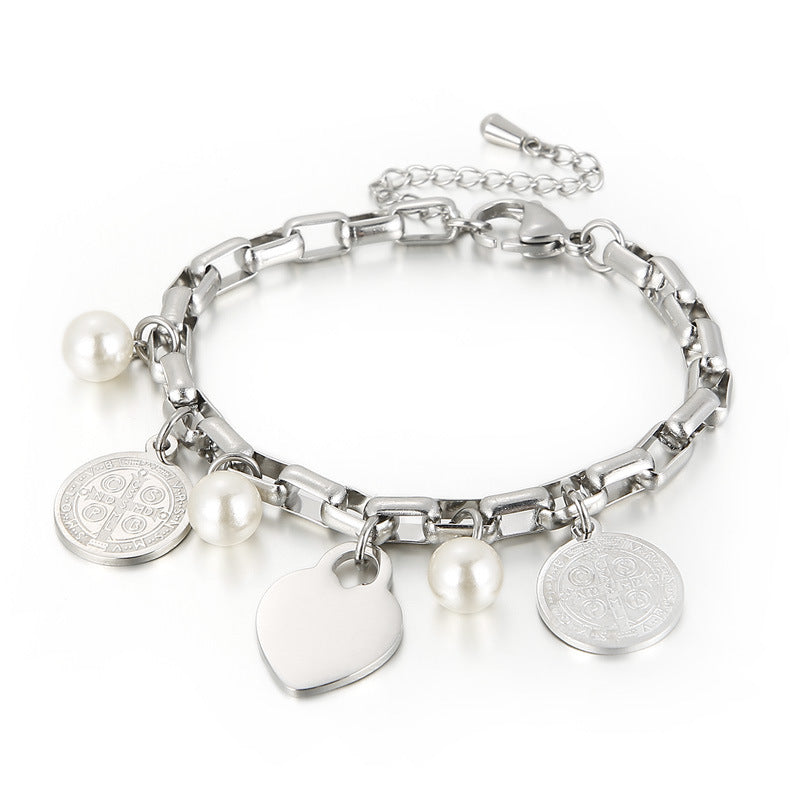 Stainless Steel Heart-shaped Round Tag Pearl Fashion Bracelet