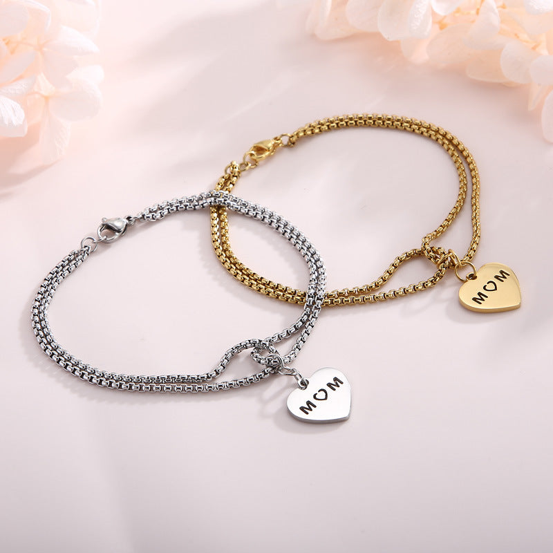 European And American Fashion Stainless Steel Double Pearl Chain Letter Mom Heart Bracelet