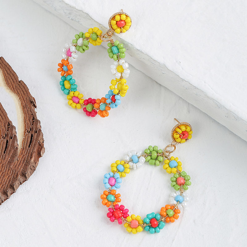 Bohemian Style Geometric Round Handmade Flower Rice Bead Woven Earrings