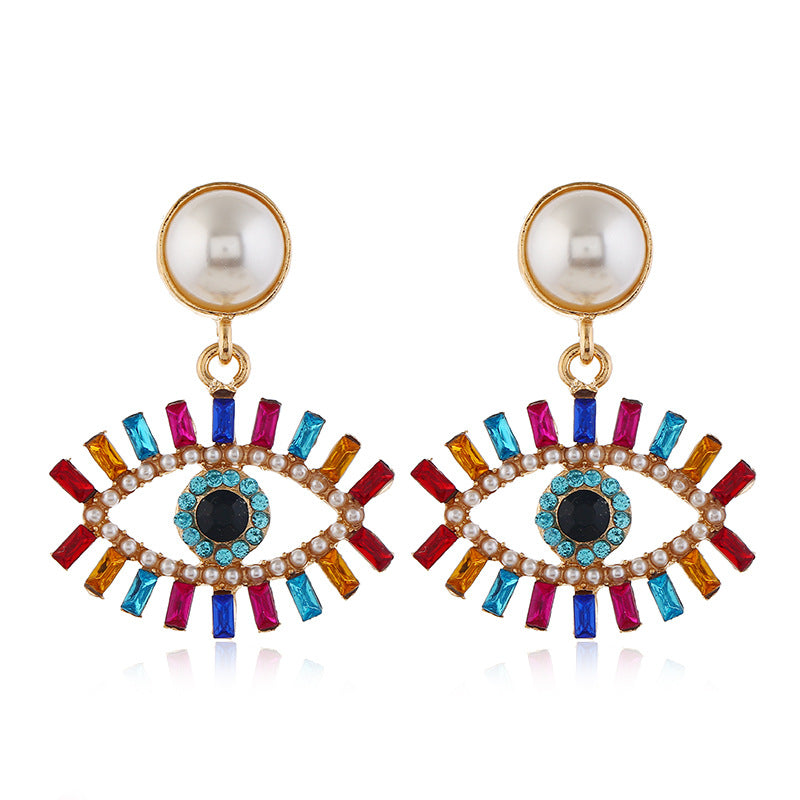 Exaggerated Devil's Eye Pearl Alloy Inlaid Colored Diamonds Earrings