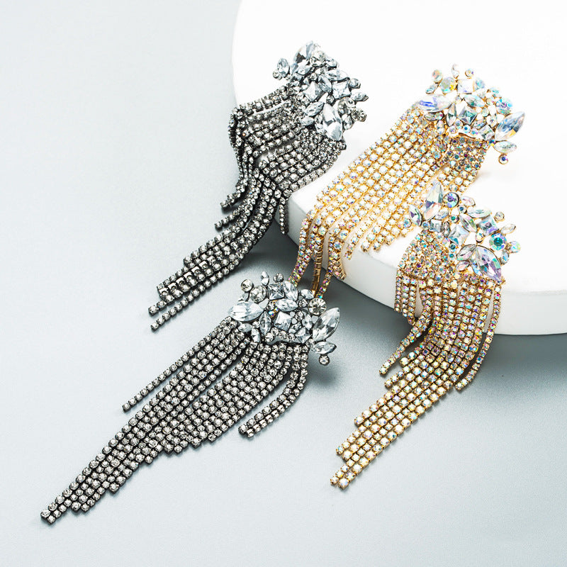 Fashion Full Diamond Claw Chain Tassel Long Earrings