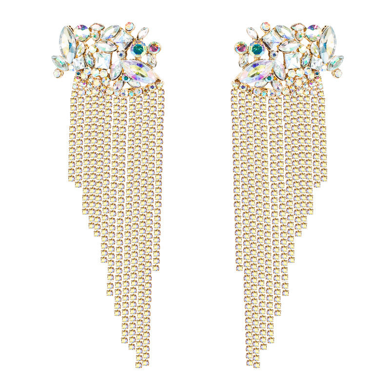 Fashion Full Diamond Claw Chain Tassel Long Earrings