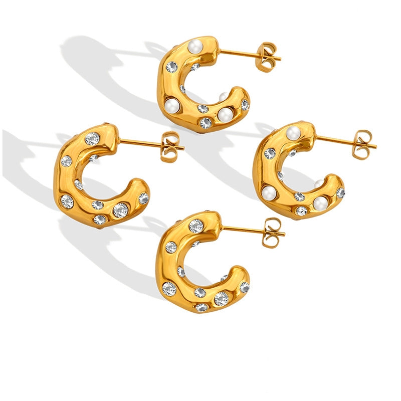 C-shaped Titanium Steel Gold-plated Imitation Pearl Zircon Earrings