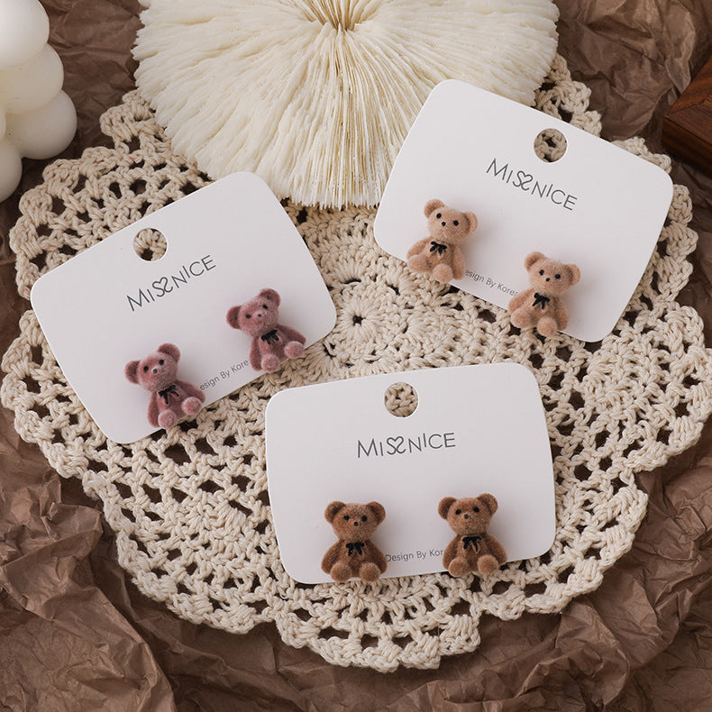 Cute Flocking Bow Bear Earrings