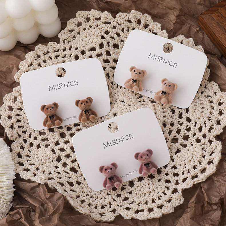 Cute Flocking Bow Bear Earrings