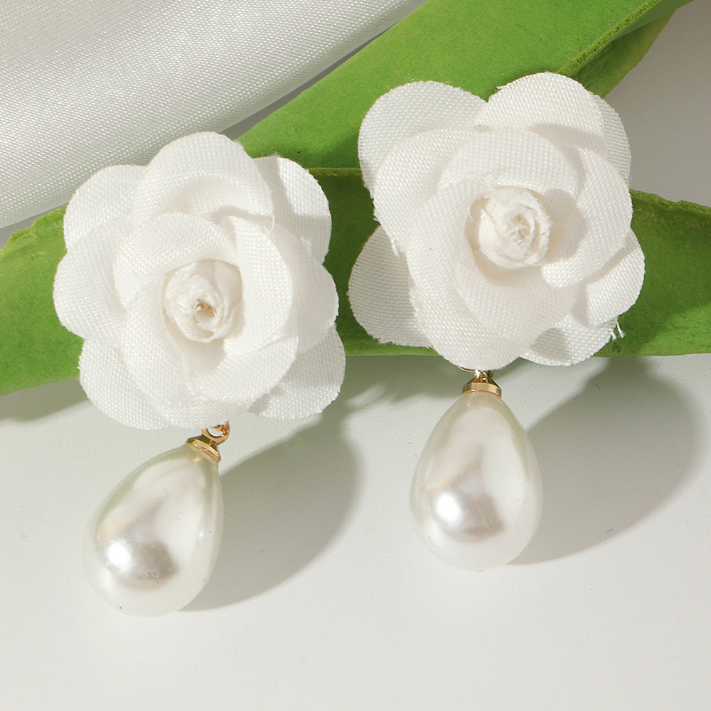 Imitation Pearl Earrings Fashion Cloth Flower Earrings Women