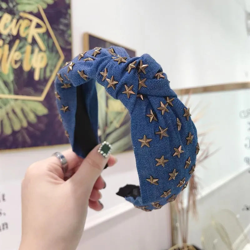 Knotted Headband by denim fabric with drilling Stars or Crystals