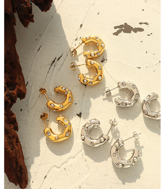 C-shaped Titanium Steel Gold-plated Imitation Pearl Zircon Earrings
