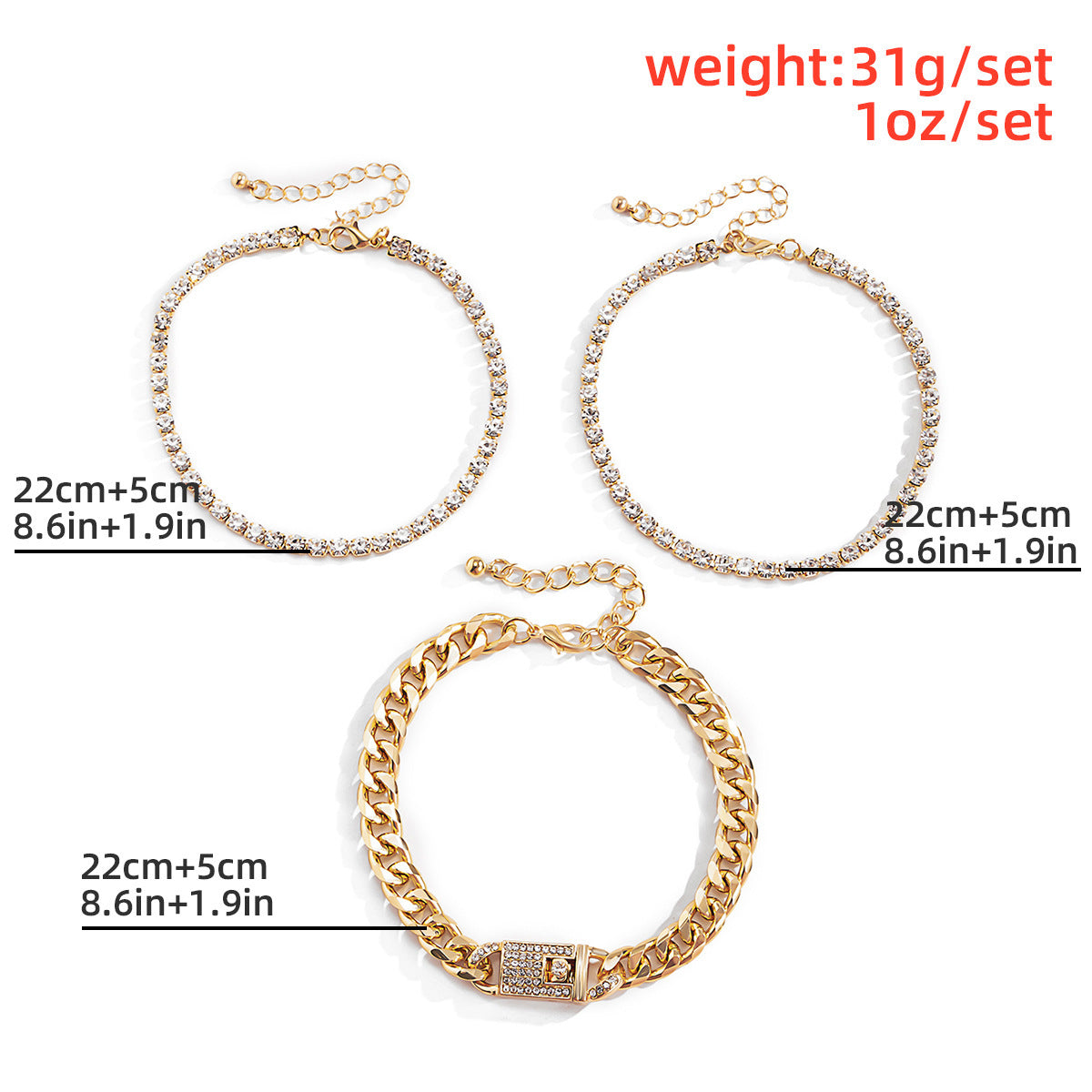 Sexy Geometric Alloy Aluminum Inlay Rhinestones Women'S Anklet, in a pack of 2 sets