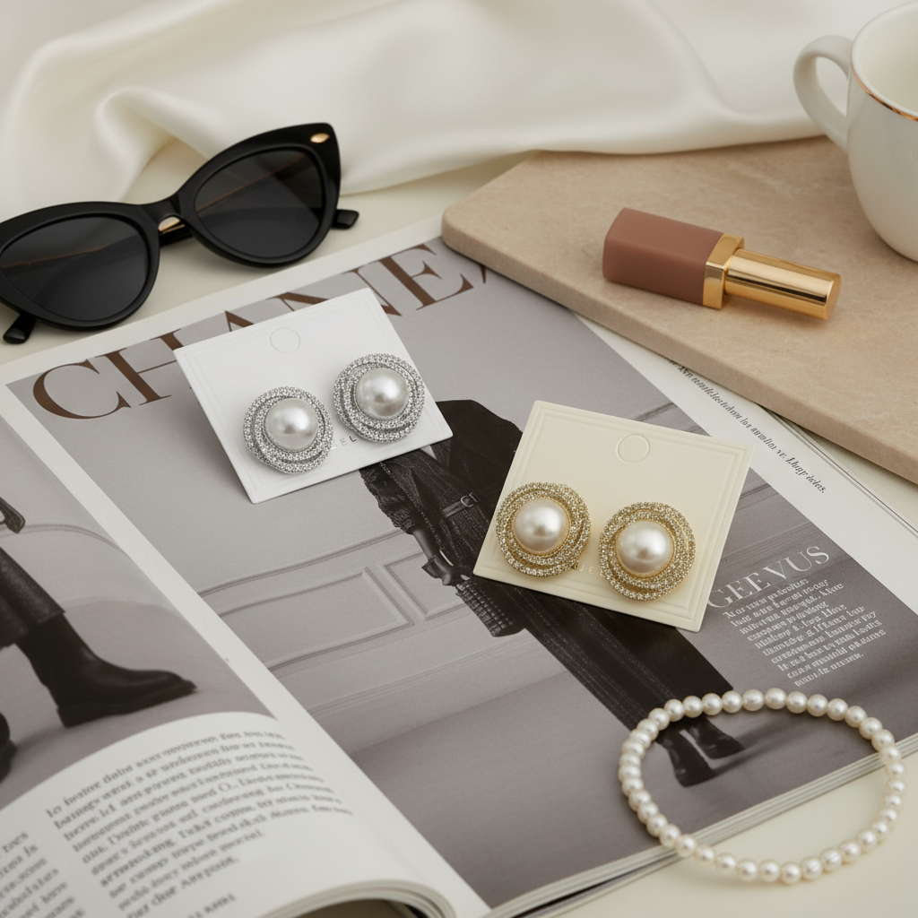 Ατσάλινα σκουλαρίκια με πέρλα και στρας σε χρυσό & ασημί, Halo Glow So Cute by Dimi – χονδρική So Cute Wholesale.