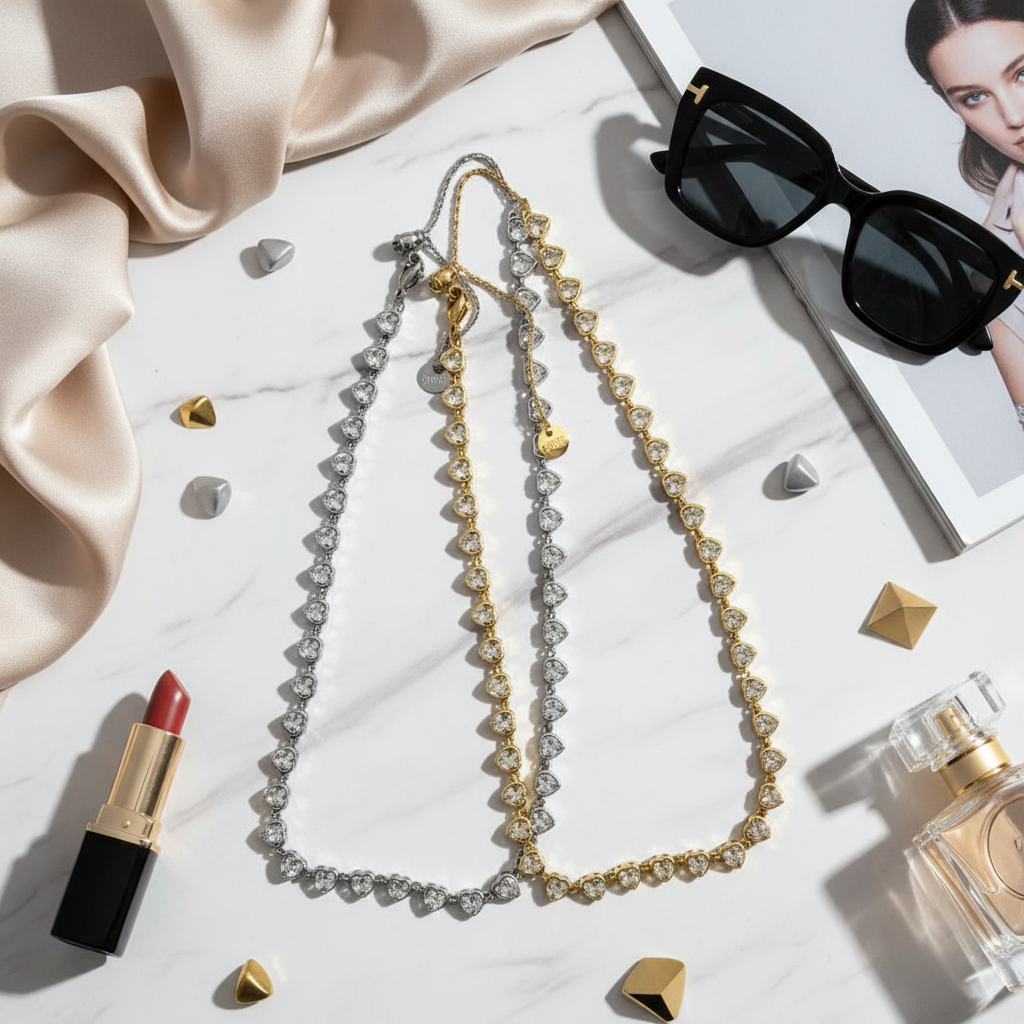 ⚡🚚 Heartline Sparkle Necklace – Ατσάλινο Κολιέ με Καρδιές Ζιργκόν