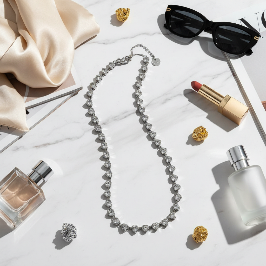 ⚡🚚 Heartline Sparkle Necklace – Ατσάλινο Κολιέ με Καρδιές Ζιργκόν