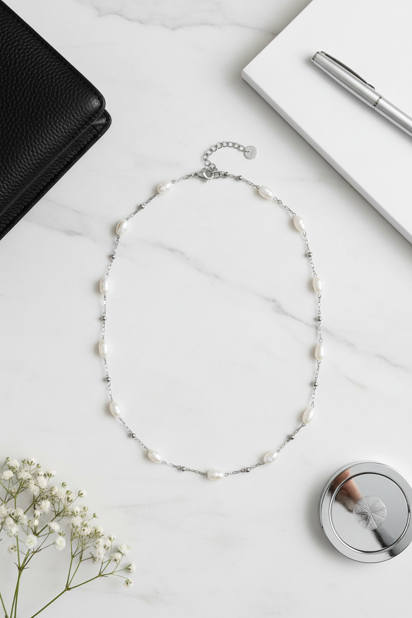 ⚡🚚Pearl Whisper – Ατσάλινο Κολιέ με Φυσικές Πέρλες