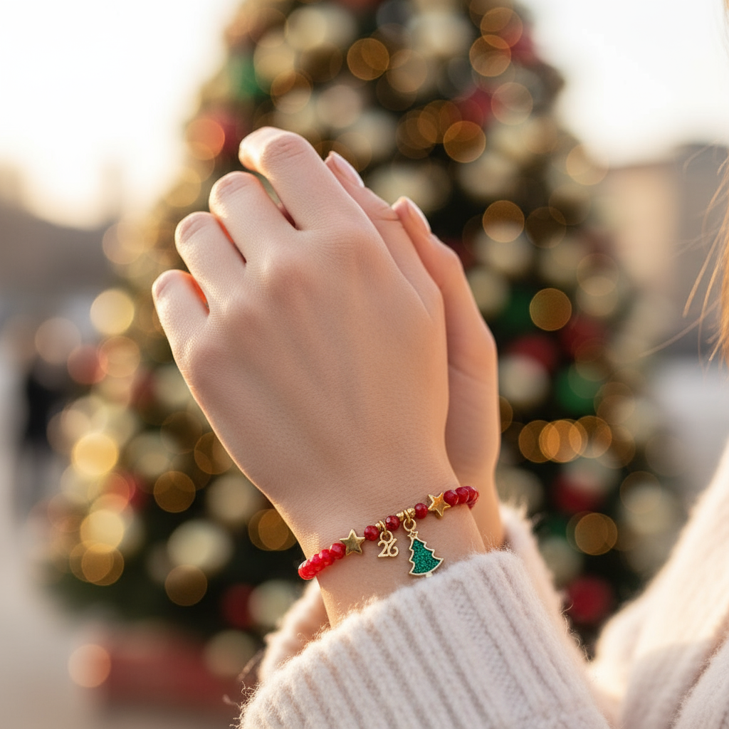 Χριστουγεννιάτικο βραχιόλι-γούρι με χάντρες και κρεμαστό δέντρο σμάλτο, So Cute by Dimi.