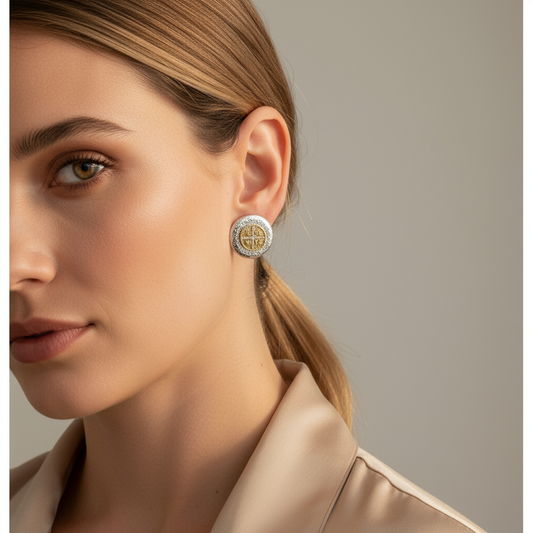 Ατσάλινα δίχρωμα σκουλαρίκια με κωνσταντινάτο και ζιργκόν – Divine Shine Earrings by So Cute by Dimi Wholesale