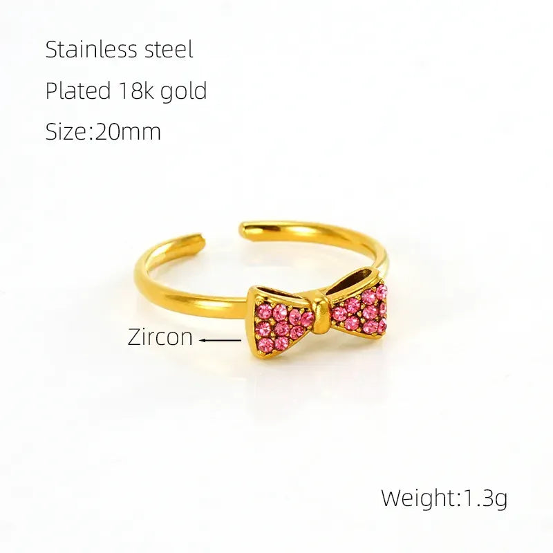 Retro Sweet Bow Knot Stainless Steel Plating Inlay Zircon 18k Gold Plated Open Rings