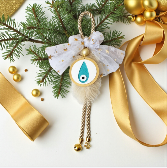 Χειροποίητο γούρι με μάτι από πλεξιγκλάς χρυσό καθρέφτη και φτερό – So Cute by Dimi Wholesale