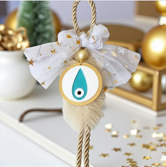 Χειροποίητο γούρι με μάτι από πλεξιγκλάς χρυσό καθρέφτη και φτερό – So Cute by Dimi Wholesale