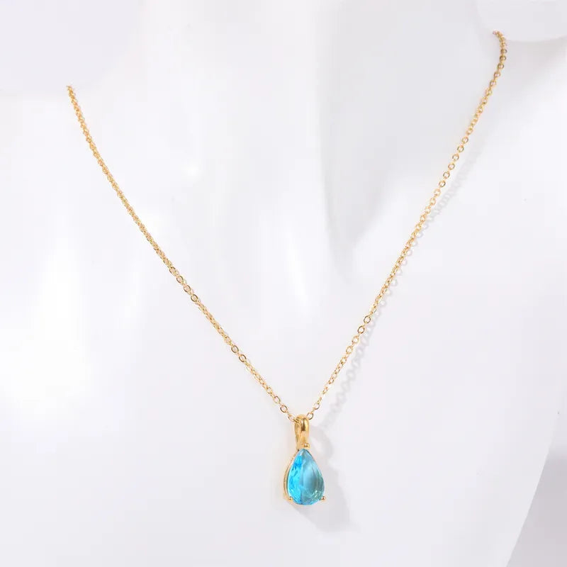 Simple Style Water Droplets Stainless Steel Plating Inlay Birthstone 14K Gold Plated Pendant Necklace