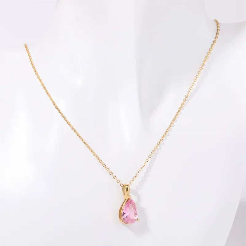 Simple Style Water Droplets Stainless Steel Plating Inlay Birthstone 14K Gold Plated Pendant Necklace