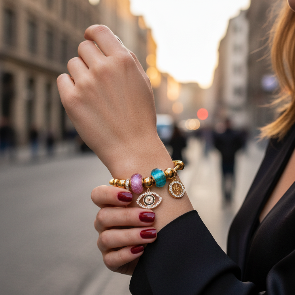 Aτσάλινο βραχιόλι με μάτι, δέντρο ζωής και ροζ & γαλάζιες χάντρες σε χρυσό & ασημί Χονδρική | So Cute by Dimi