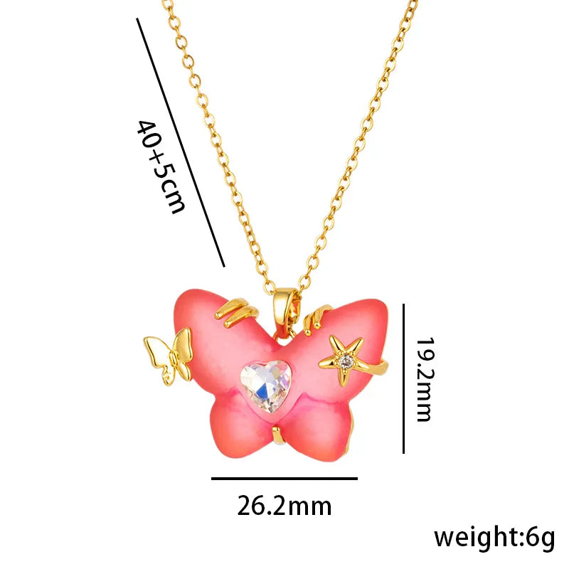 Titanium Steel Sweet Star Butterfly Plating Inlay Zircon Pendant Necklace