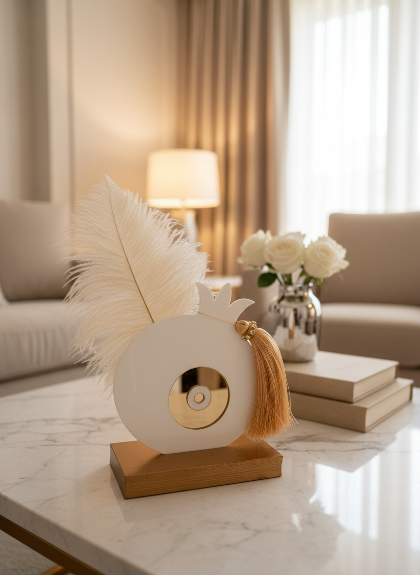 Χειροποίητο επιτραπέζιο γούρι ρόδι από plexiglass με χρυσό mirror μάτι, φτερό και φούντα με στρας, σε ξύλινη βάση, διαστάσεων 17×13 cm