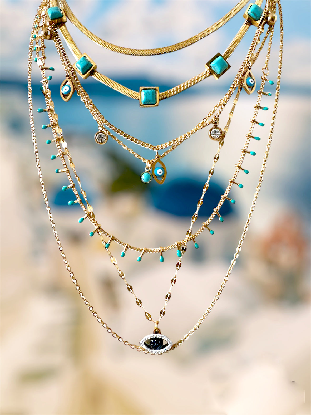 Retro Eye Titanium Steel Inlay Turquoise Zircon Layered Necklaces