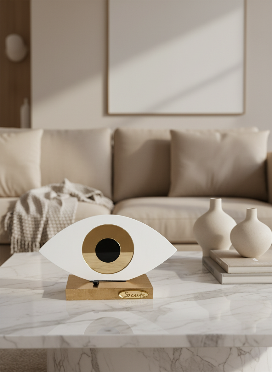 Οβάλ χειροποίητο γούρι plexiglass με μάτι και ξύλινη βάση – So Cute by Dimi