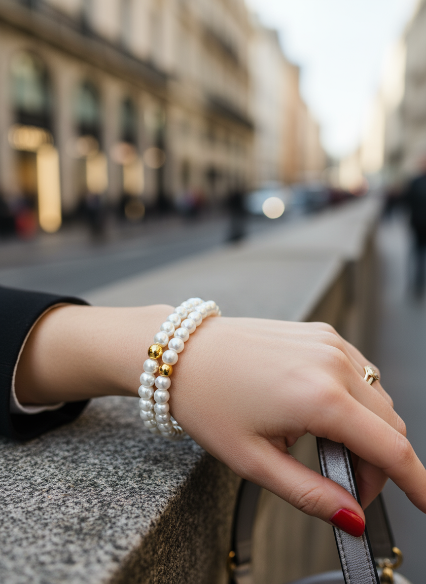 Χειροποίητο βραχιόλι με διπλή σειρά πέρλες και χρυσές χάντρες αιματίτη – So Cute by Dimi