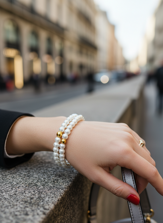 Χειροποίητο βραχιόλι με διπλή σειρά πέρλες και χρυσές χάντρες αιματίτη – So Cute by Dimi