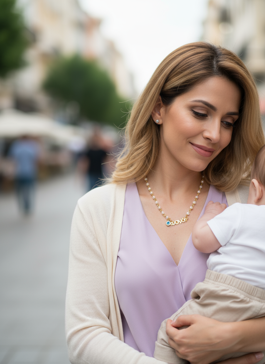 Χειροποίητο κολιέ ροζάριο με πέρλες, ταυτότητα “Νονά” και ματάκι – So Cute by Dimi