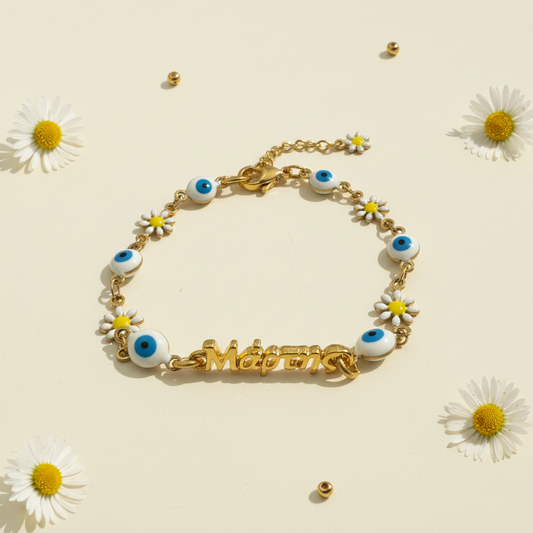 Χειροποίητο βραχιόλι Μάρτης από ανοξείδωτο ατσάλι με ματάκια, μαργαρίτες και επίχρυση ταυτότητα Μάρτης – So Cute by Dimi